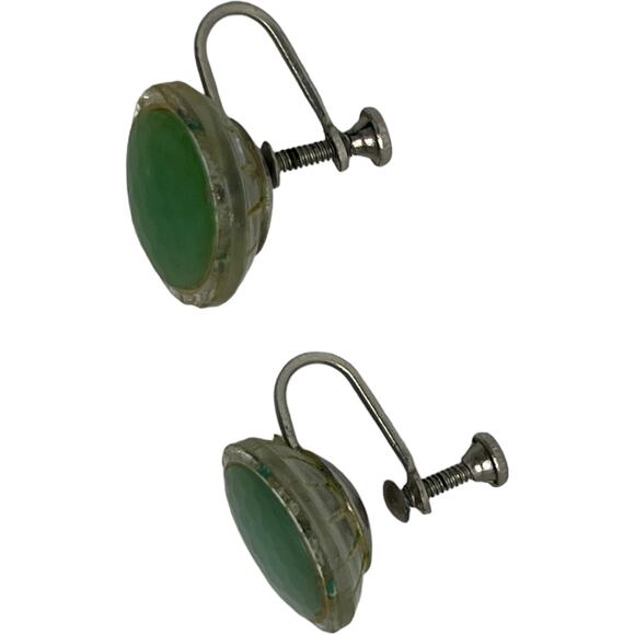 Vintage 1960s Mint Green Round Screw Back Earrings Art Deco Mid Century Mod - Picture 6 of 8
